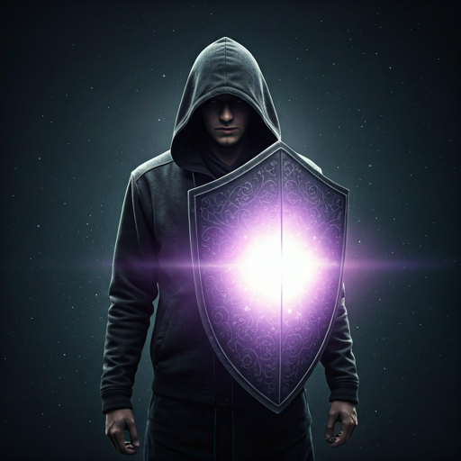 Dark hooded figure holding a glowing purple shield in space